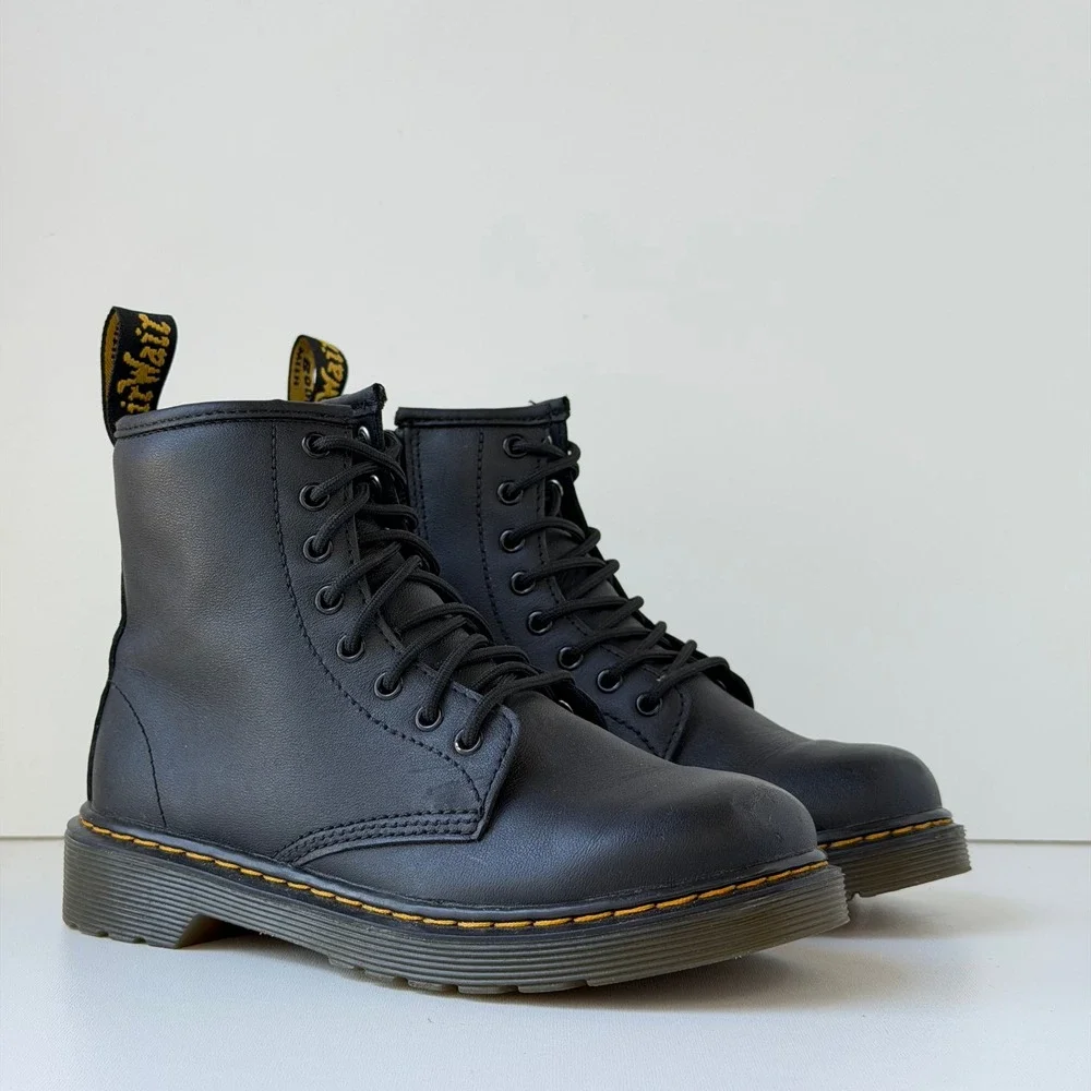Dr. Martens 1460 J Lace Up Boots Kids Size 2 Black Leather Side Zip Combat Boots